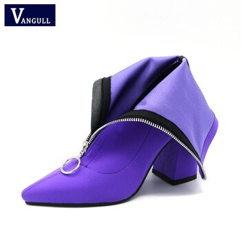2018 Autumn New Lycra Women Boots Pointed Toe Square Heel Shoes Woman Fashion Bota Feminina Ankle boots Black purple rose red