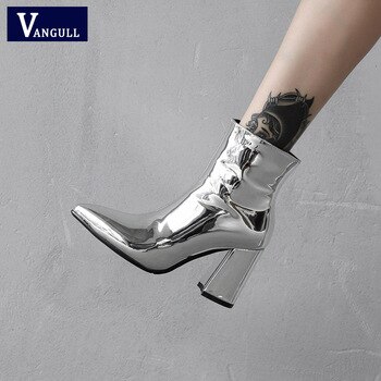 2019 New Sliver Gold Women Ankle Boots Pointed Toe Chunky High Heel Boots Mirror Metallic Women Pumps Female Sexy Stiletto Boots
