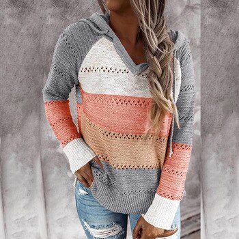 2020 Autumn V Neck Patchwork Hooded Sweater Women Casual Long Sleeve Knitted Sweater Top Winter Striped Elegant Pullover Jumpers