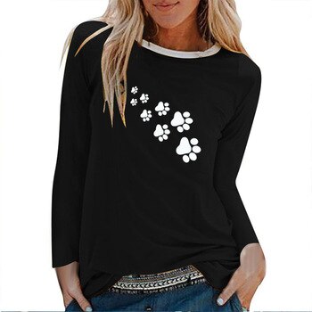 Bear Paw Print Long Sleeve T-shirts Women Autumn Winter Shirts for Women Loose White Round Neck Tops for Girls Mujer Camisetas