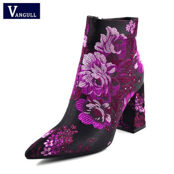 Embroider Boots 2019 New Female Spring Autumn Ankle Boots For Women High Heels Retro Women Shoes Autumn Women High Boots Flower