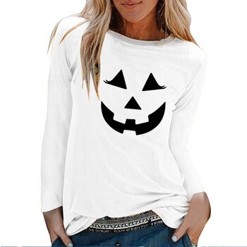 Halloween Smile Emotion Printed Long Sleeve T-shirts Women Autumn Winter 2020 Shirts for Women Casual White O Neck Graphic Tees
